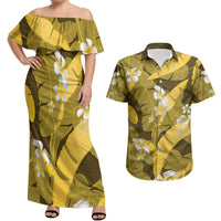 Yellow Banana Leaf Hawaii Couples Matching Off Shoulder Maxi Dress and Hawaiian Shirt Lau Maia Plumeria Tropical Summer Vibes