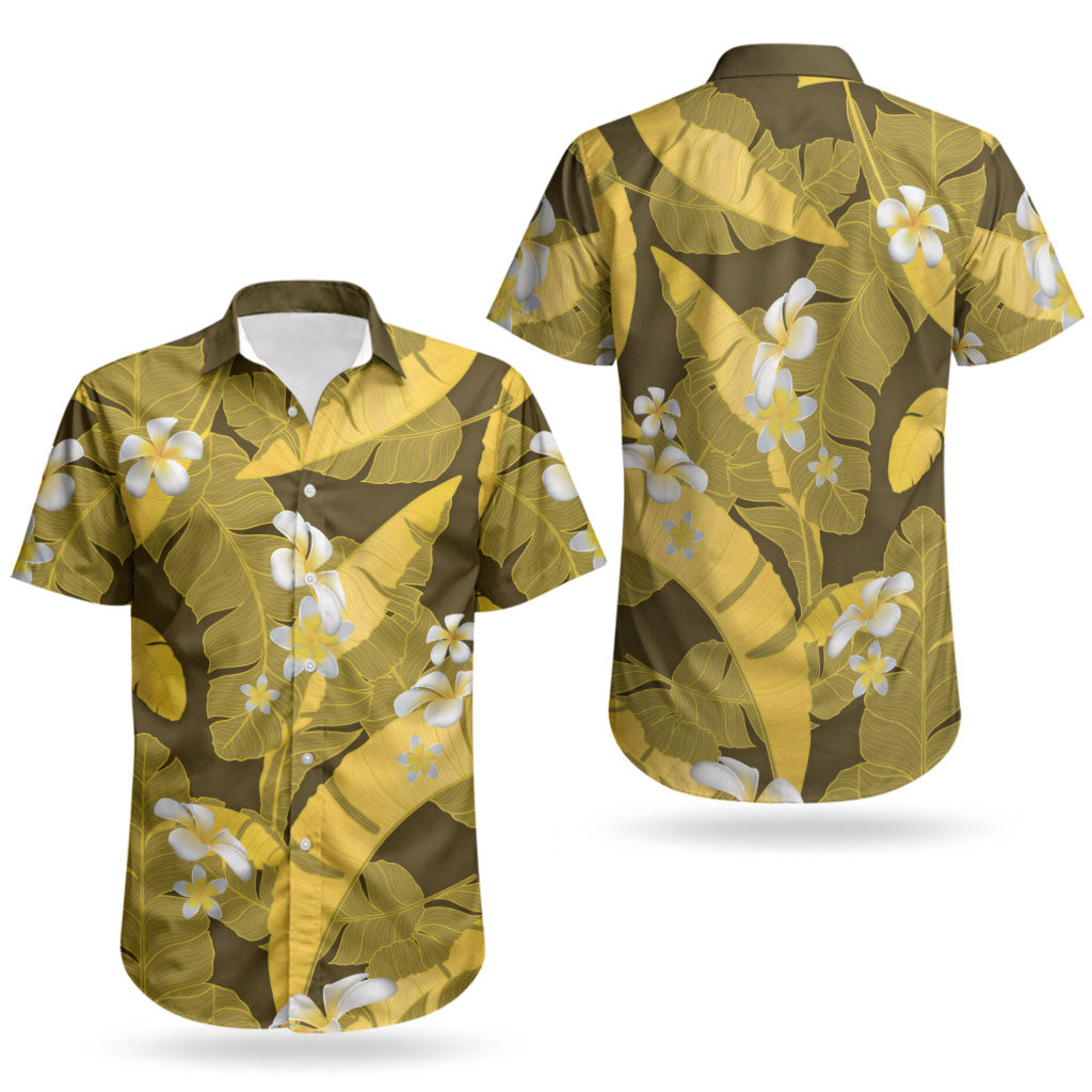Yellow Banana Leaf Hawaii Couples Matching Off Shoulder Maxi Dress and Hawaiian Shirt Lau Maia Plumeria Tropical Summer Vibes
