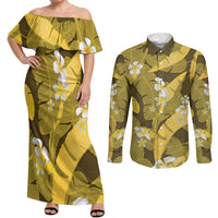 Yellow Banana Leaf Hawaii Couples Matching Off Shoulder Maxi Dress and Long Sleeve Button Shirt Lau Maia Plumeria Tropical Summer Vibes