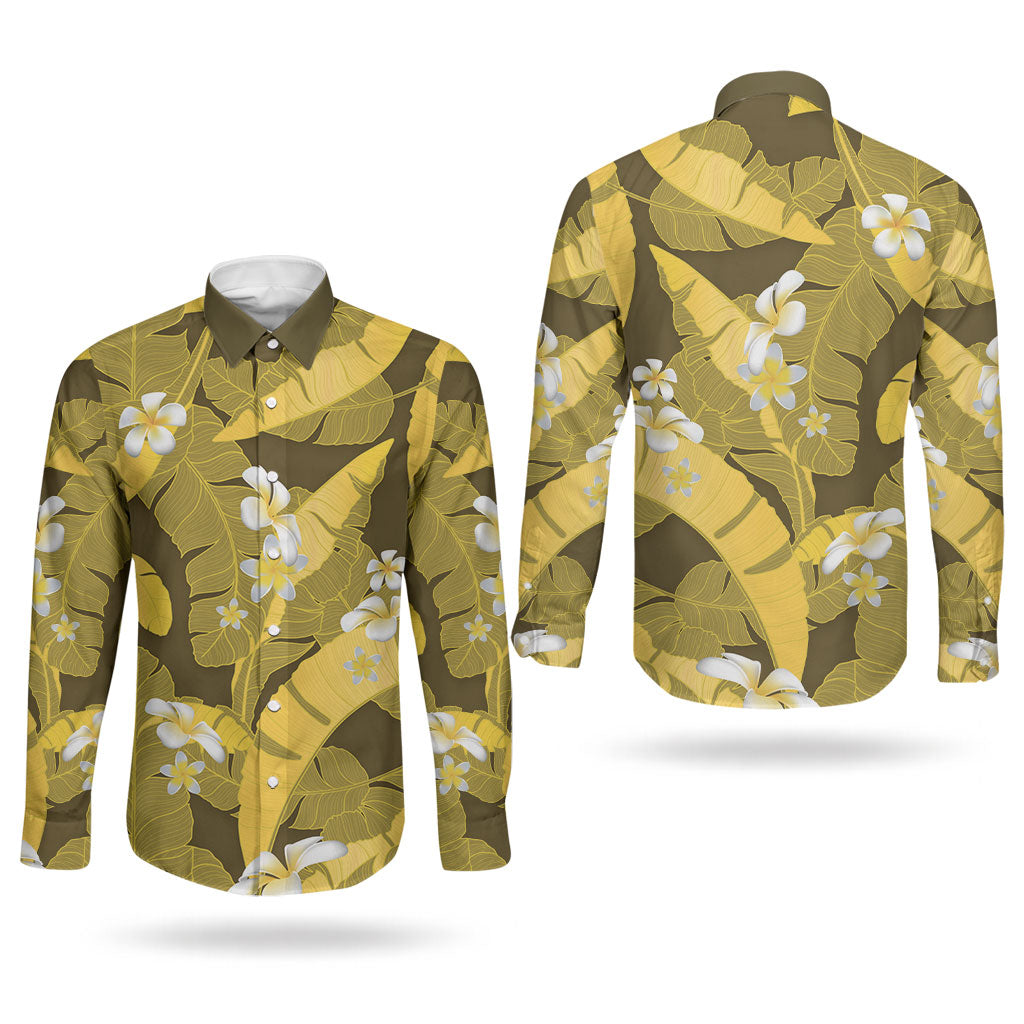 Yellow Banana Leaf Hawaii Couples Matching Off Shoulder Maxi Dress and Long Sleeve Button Shirt Lau Maia Plumeria Tropical Summer Vibes