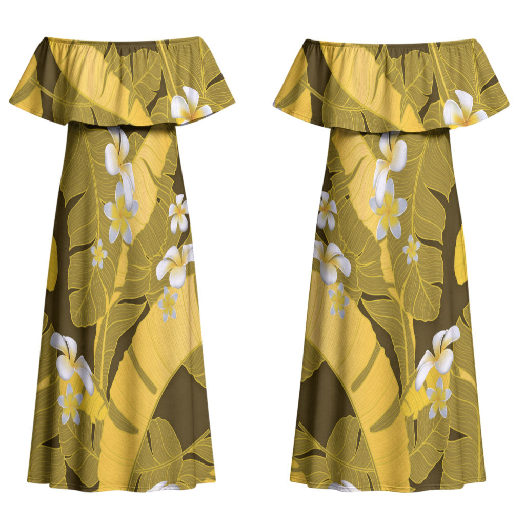 Yellow Banana Leaf Hawaii Couples Matching Off Shoulder Maxi Dress and Long Sleeve Button Shirt Lau Maia Plumeria Tropical Summer Vibes