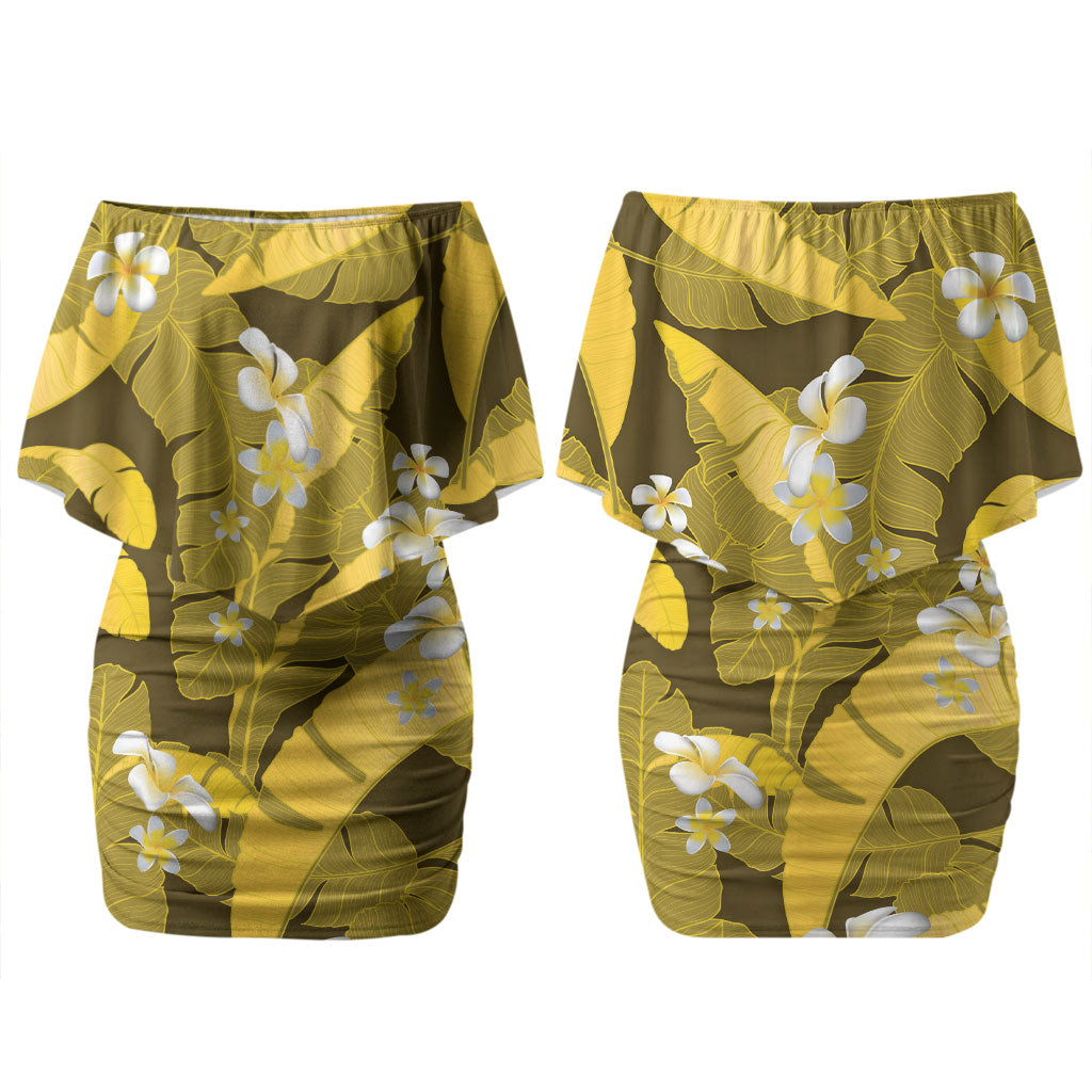 Yellow Banana Leaf Hawaii Couples Matching Off Shoulder Short Dress and Hawaiian Shirt Lau Maia Plumeria Tropical Summer Vibes