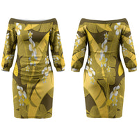 Yellow Banana Leaf Hawaii Couples Matching Off The Shoulder Long Sleeve Dress and Hawaiian Shirt Lau Maia Plumeria Tropical Summer Vibes