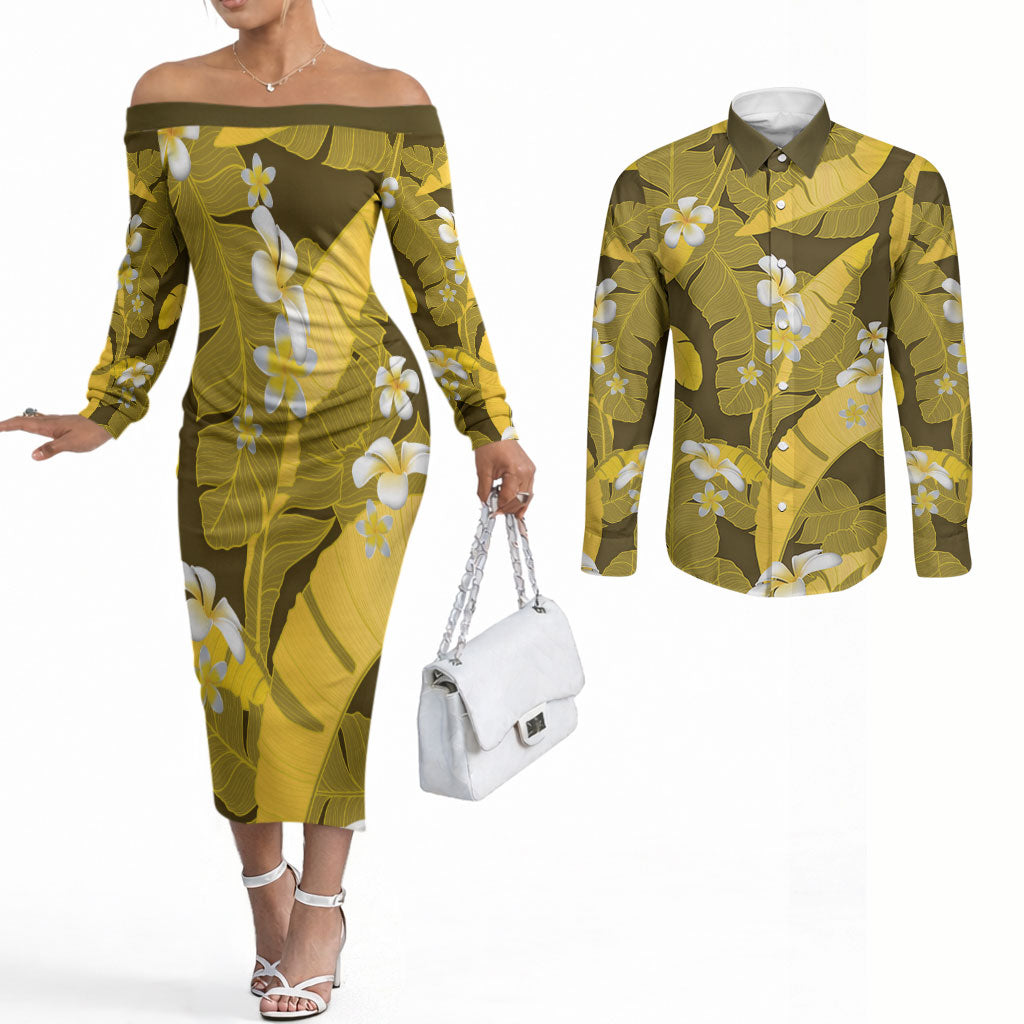 Yellow Banana Leaf Hawaii Couples Matching Off The Shoulder Long Sleeve Dress and Long Sleeve Button Shirt Lau Maia Plumeria Tropical Summer Vibes