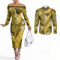 Yellow Banana Leaf Hawaii Couples Matching Off The Shoulder Long Sleeve Dress and Long Sleeve Button Shirt Lau Maia Plumeria Tropical Summer Vibes