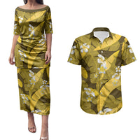 Yellow Banana Leaf Hawaii Couples Matching Puletasi and Hawaiian Shirt Lau Maia Plumeria Tropical Summer Vibes