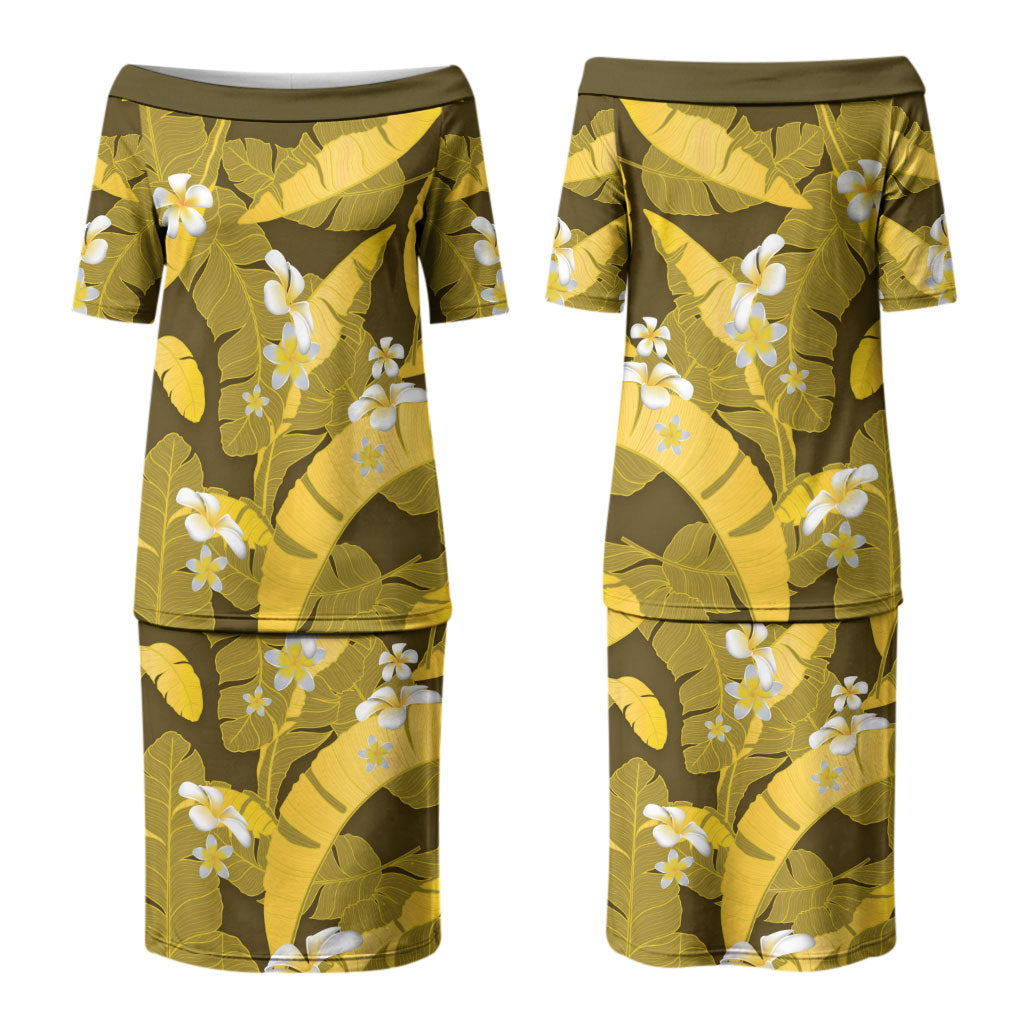 Yellow Banana Leaf Hawaii Couples Matching Puletasi and Long Sleeve Button Shirt Lau Maia Plumeria Tropical Summer Vibes