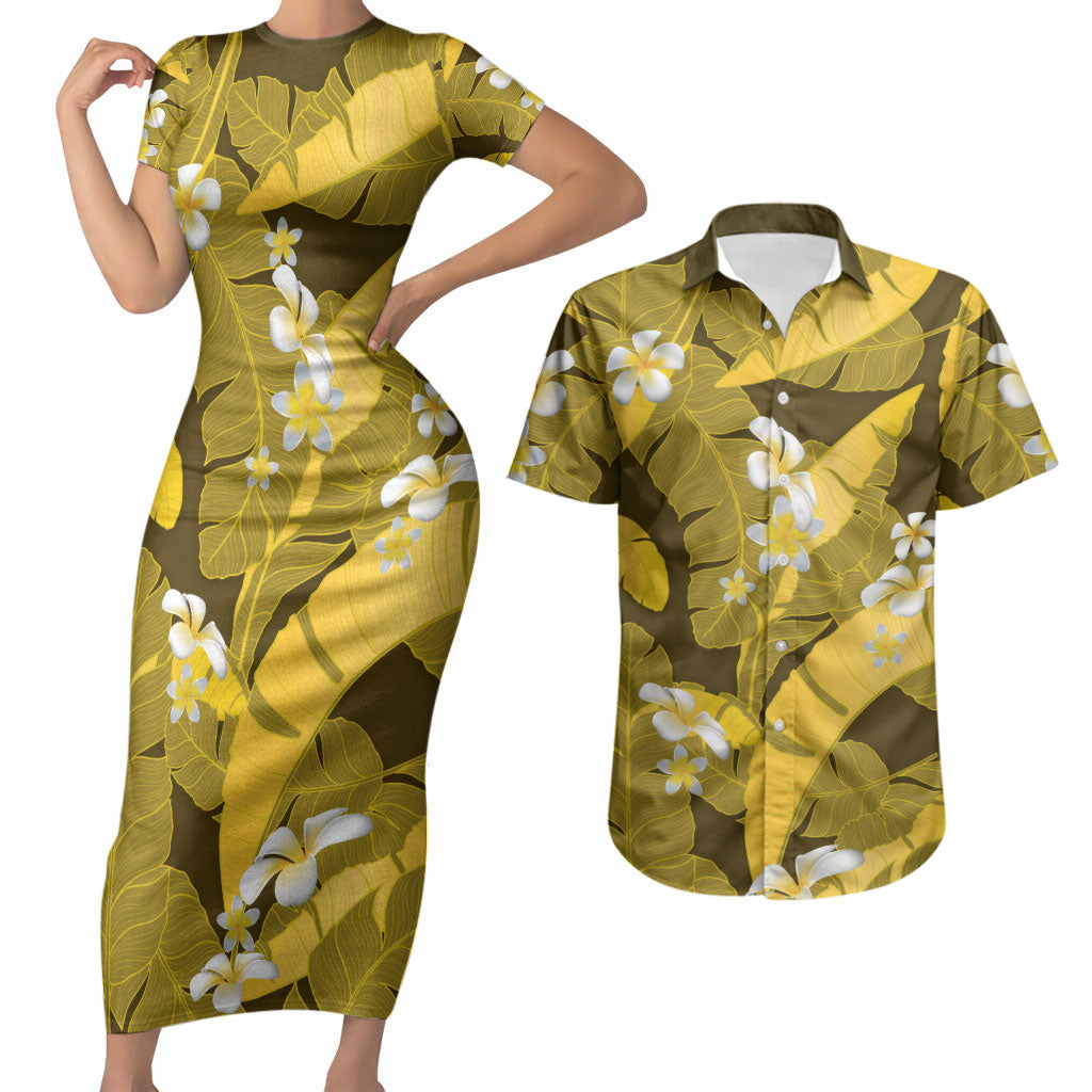 Yellow Banana Leaf Hawaii Couples Matching Short Sleeve Bodycon Dress and Hawaiian Shirt Lau Maia Plumeria Tropical Summer Vibes