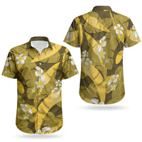 Yellow Banana Leaf Hawaii Couples Matching Short Sleeve Bodycon Dress and Hawaiian Shirt Lau Maia Plumeria Tropical Summer Vibes