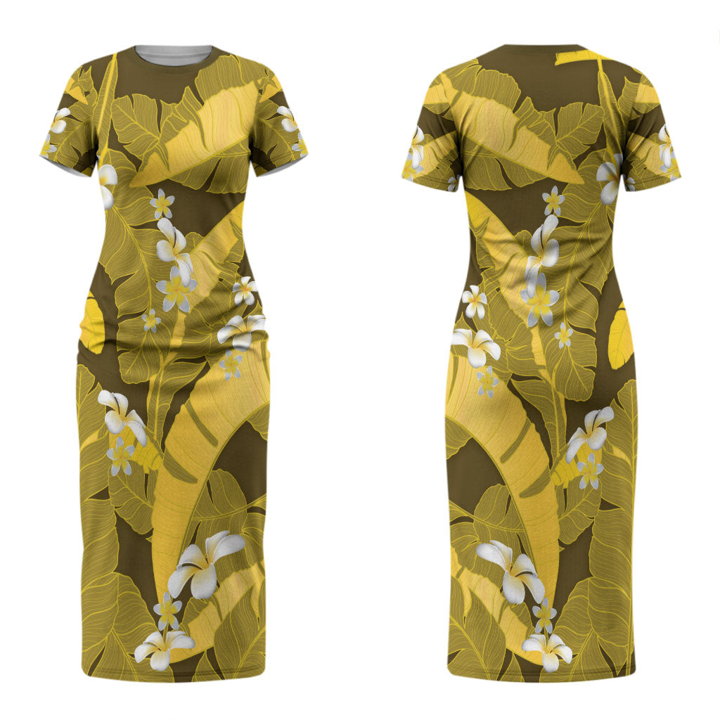Yellow Banana Leaf Hawaii Couples Matching Short Sleeve Bodycon Dress and Long Sleeve Button Shirt Lau Maia Plumeria Tropical Summer Vibes