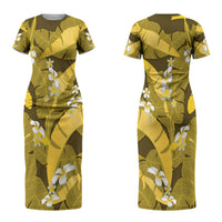 Yellow Banana Leaf Hawaii Couples Matching Short Sleeve Bodycon Dress and Long Sleeve Button Shirt Lau Maia Plumeria Tropical Summer Vibes