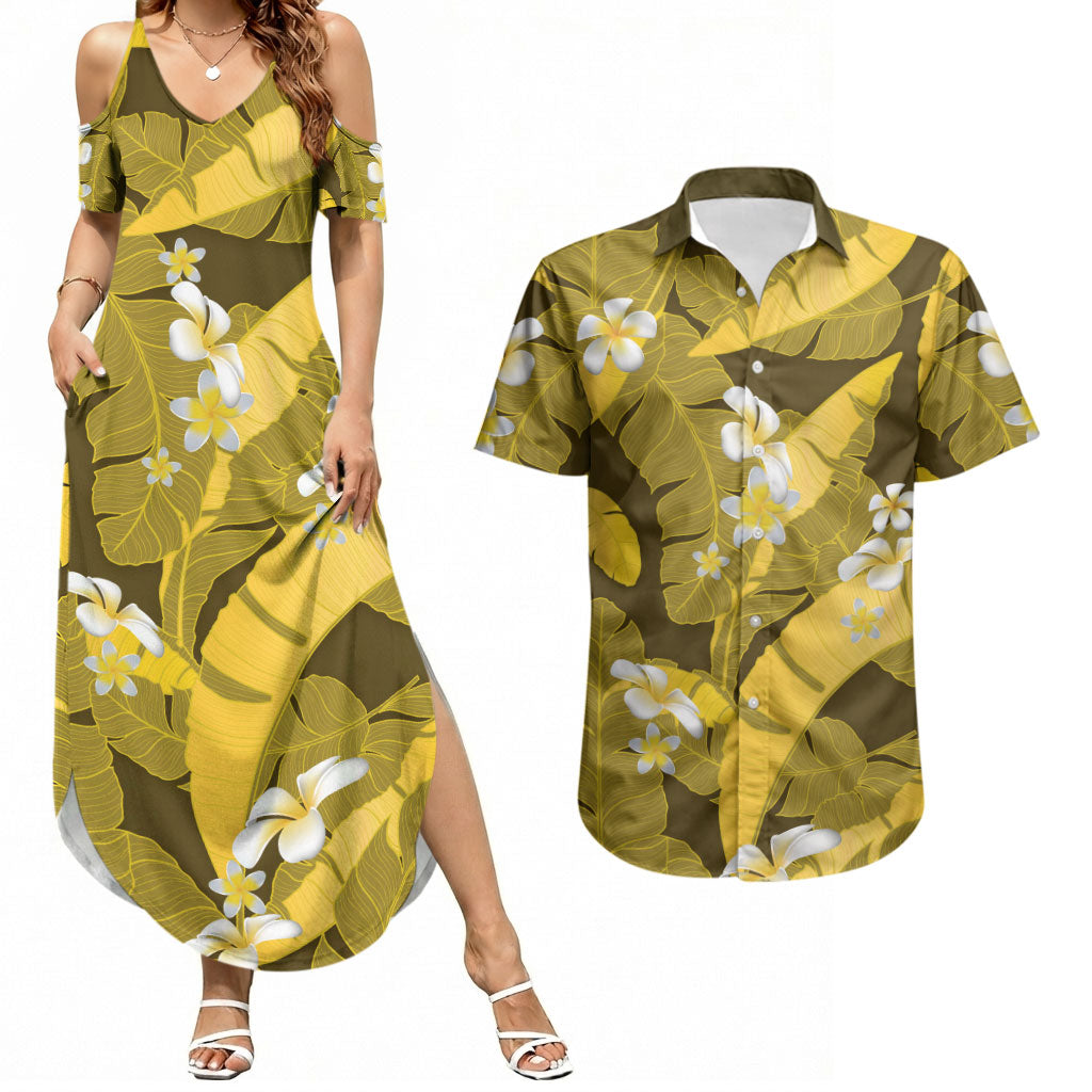 Yellow Banana Leaf Hawaii Couples Matching Summer Maxi Dress and Hawaiian Shirt Lau Maia Plumeria Tropical Summer Vibes