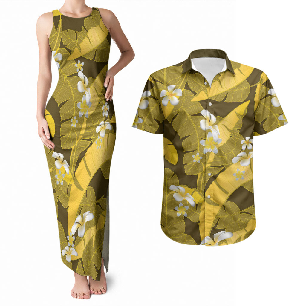 Yellow Banana Leaf Hawaii Couples Matching Tank Maxi Dress and Hawaiian Shirt Lau Maia Plumeria Tropical Summer Vibes