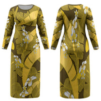 Yellow Banana Leaf Hawaii Family Matching Long Sleeve Bodycon Dress and Hawaiian Shirt Lau Maia Plumeria Tropical Summer Vibes
