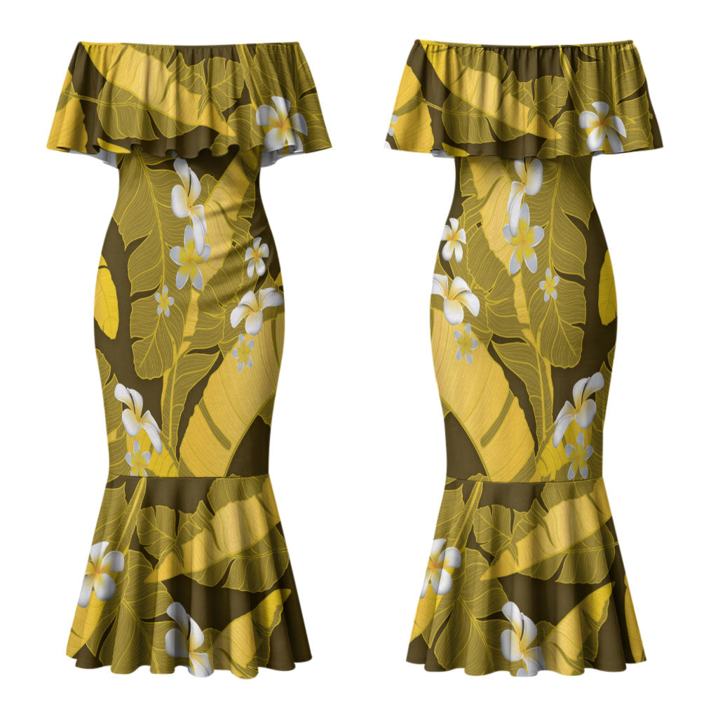 Yellow Banana Leaf Hawaii Family Matching Mermaid Dress and Hawaiian Shirt Lau Maia Plumeria Tropical Summer Vibes