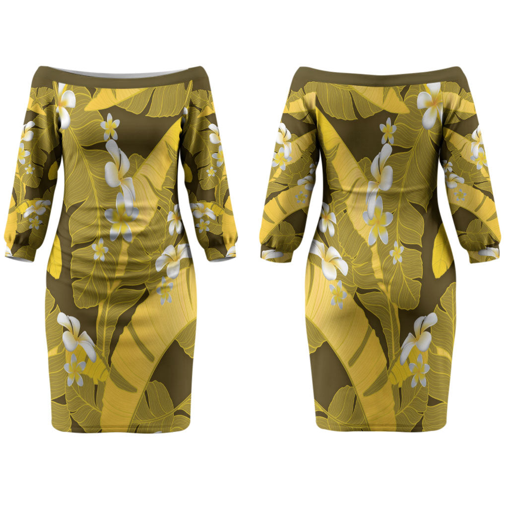 Yellow Banana Leaf Hawaii Family Matching Off The Shoulder Long Sleeve Dress and Hawaiian Shirt Lau Maia Plumeria Tropical Summer Vibes
