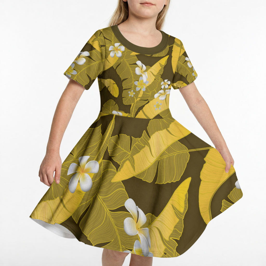 Yellow Banana Leaf Hawaii Kid Short Sleeve Dress Lau Maia Plumeria Tropical Summer Vibes