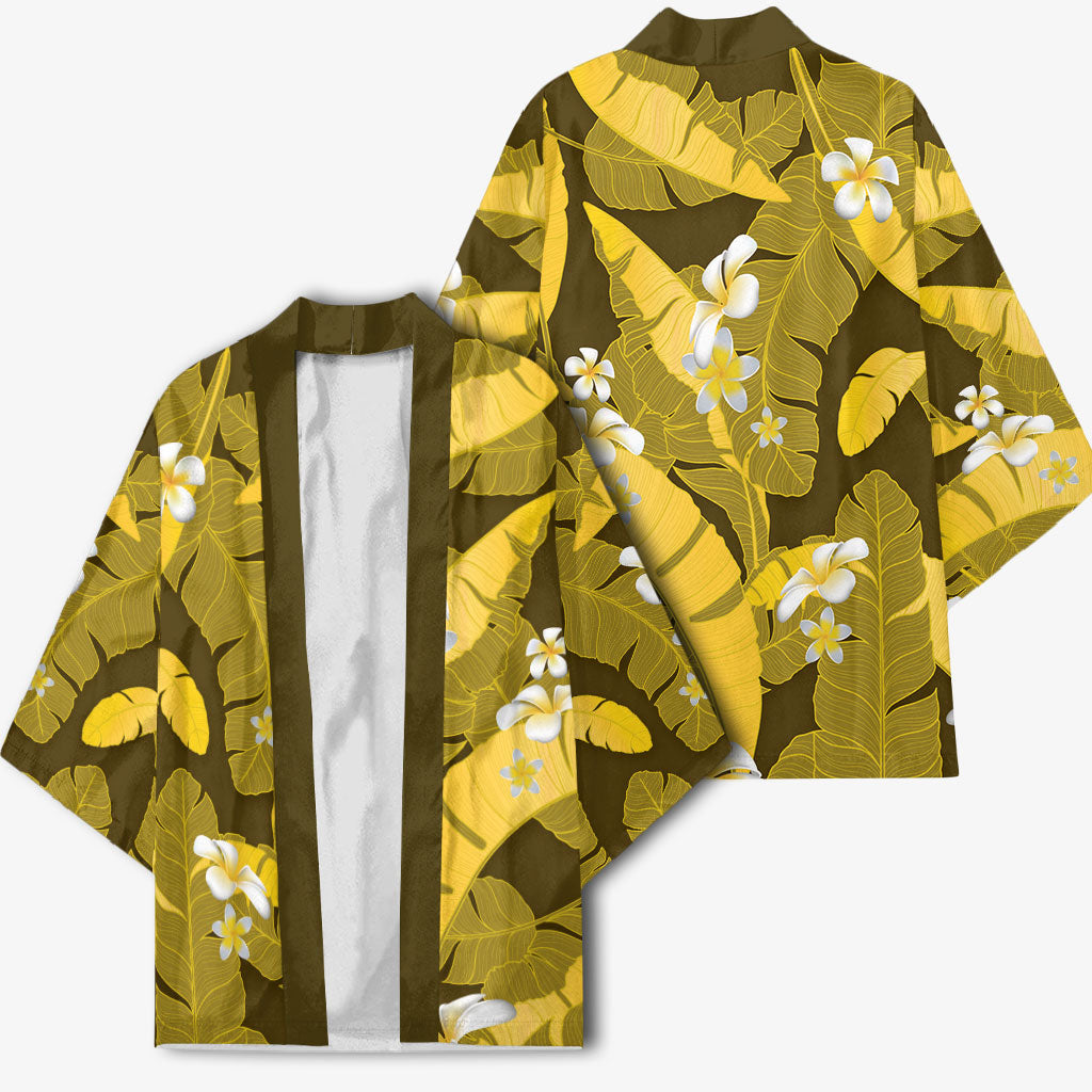 Yellow Banana Leaf Hawaii Kimono Lau Maia Plumeria Tropical Summer Vibes