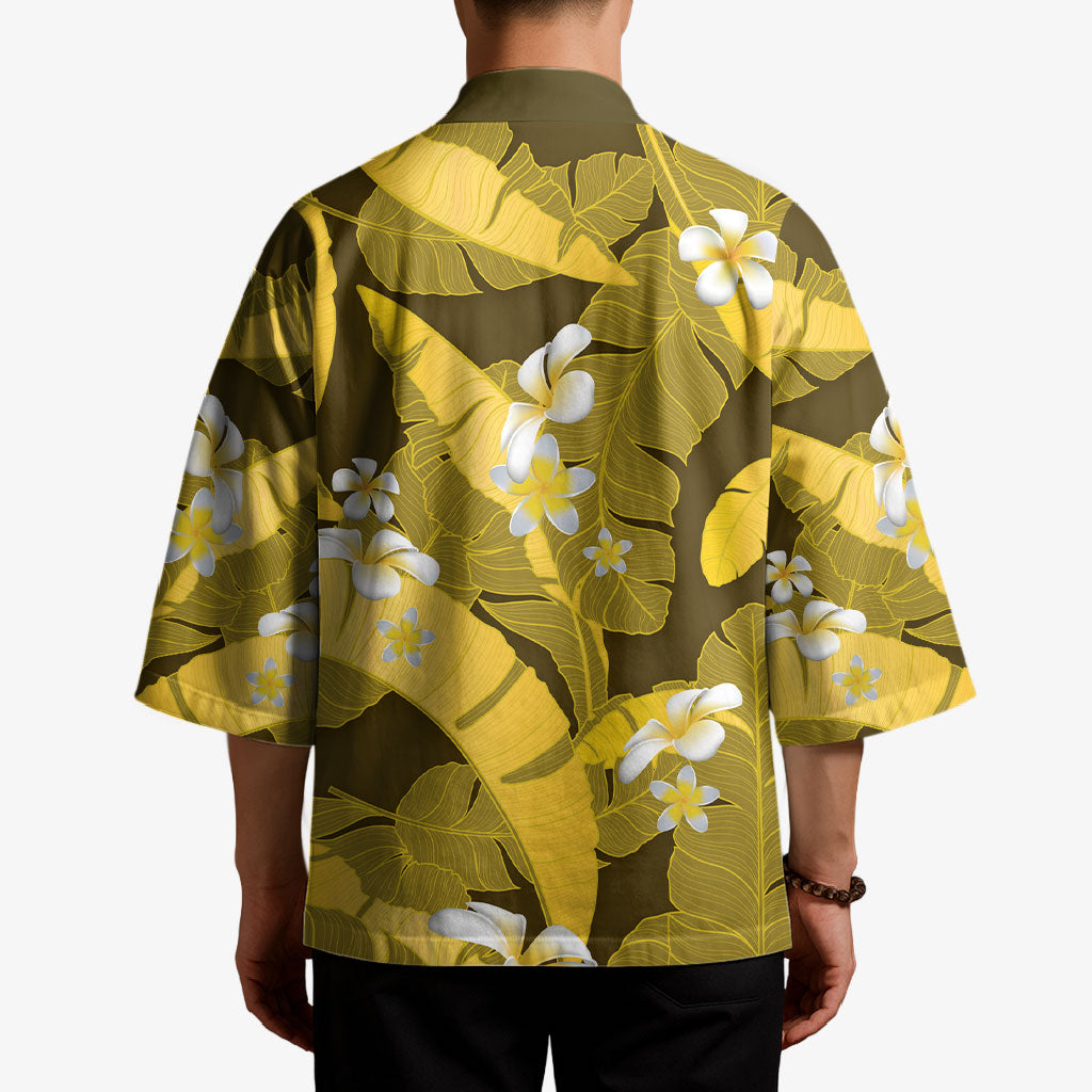 Yellow Banana Leaf Hawaii Kimono Lau Maia Plumeria Tropical Summer Vibes
