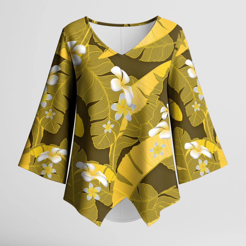 Yellow Banana Leaf Hawaii Kimono Sleeve Blouse Lau Maia Plumeria Tropical Summer Vibes