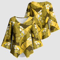 Yellow Banana Leaf Hawaii Kimono Sleeve Blouse Lau Maia Plumeria Tropical Summer Vibes