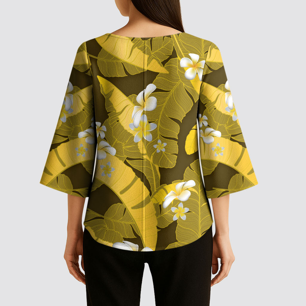 Yellow Banana Leaf Hawaii Kimono Sleeve Blouse Lau Maia Plumeria Tropical Summer Vibes