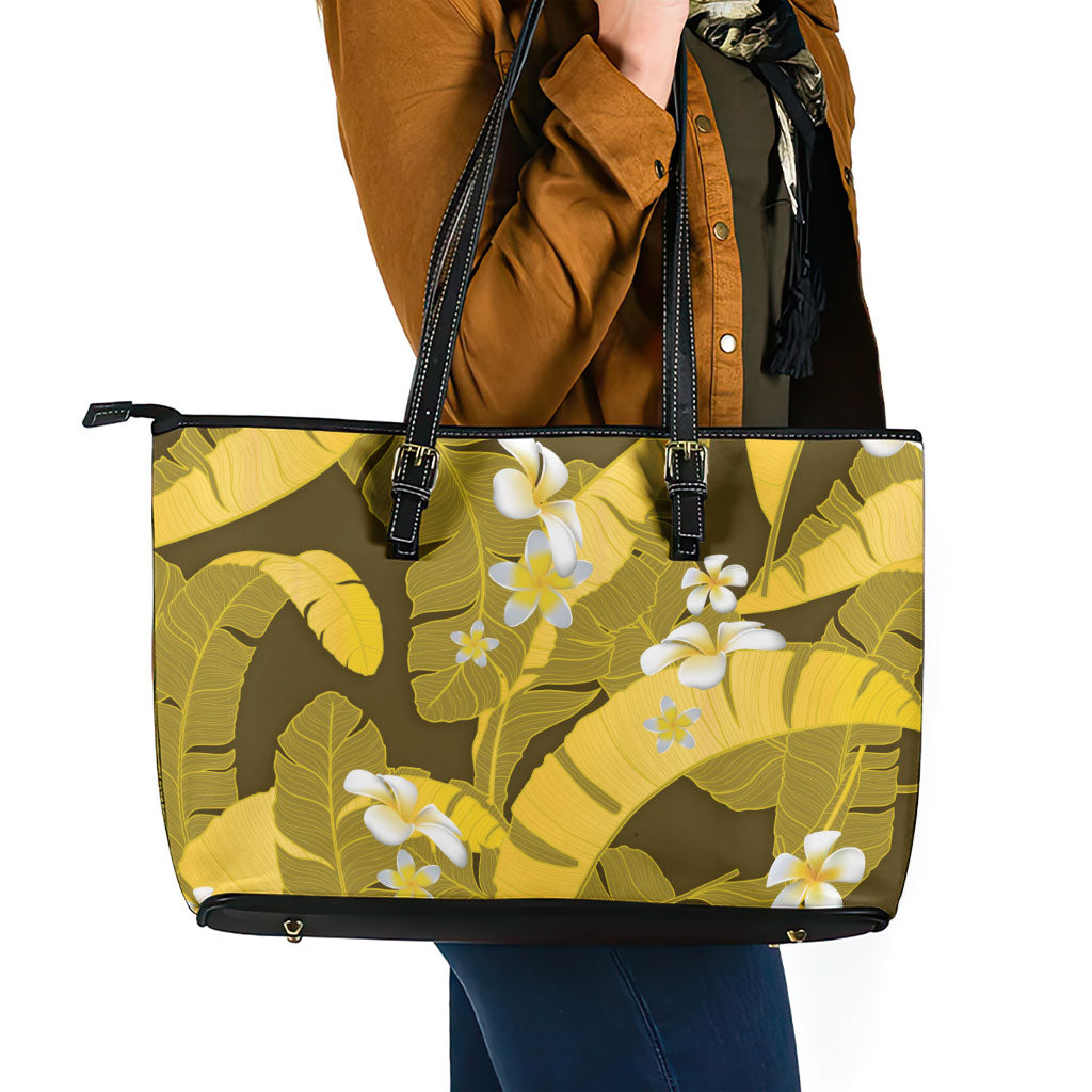 Yellow Banana Leaf Hawaii Leather Tote Bag Lau Maia Plumeria Tropical Summer Vibes