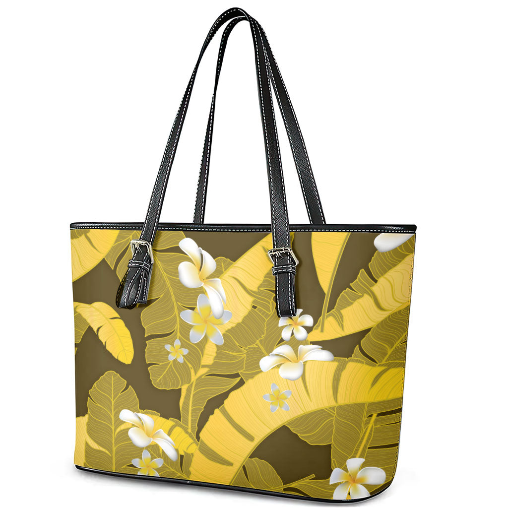 Yellow Banana Leaf Hawaii Leather Tote Bag Lau Maia Plumeria Tropical Summer Vibes
