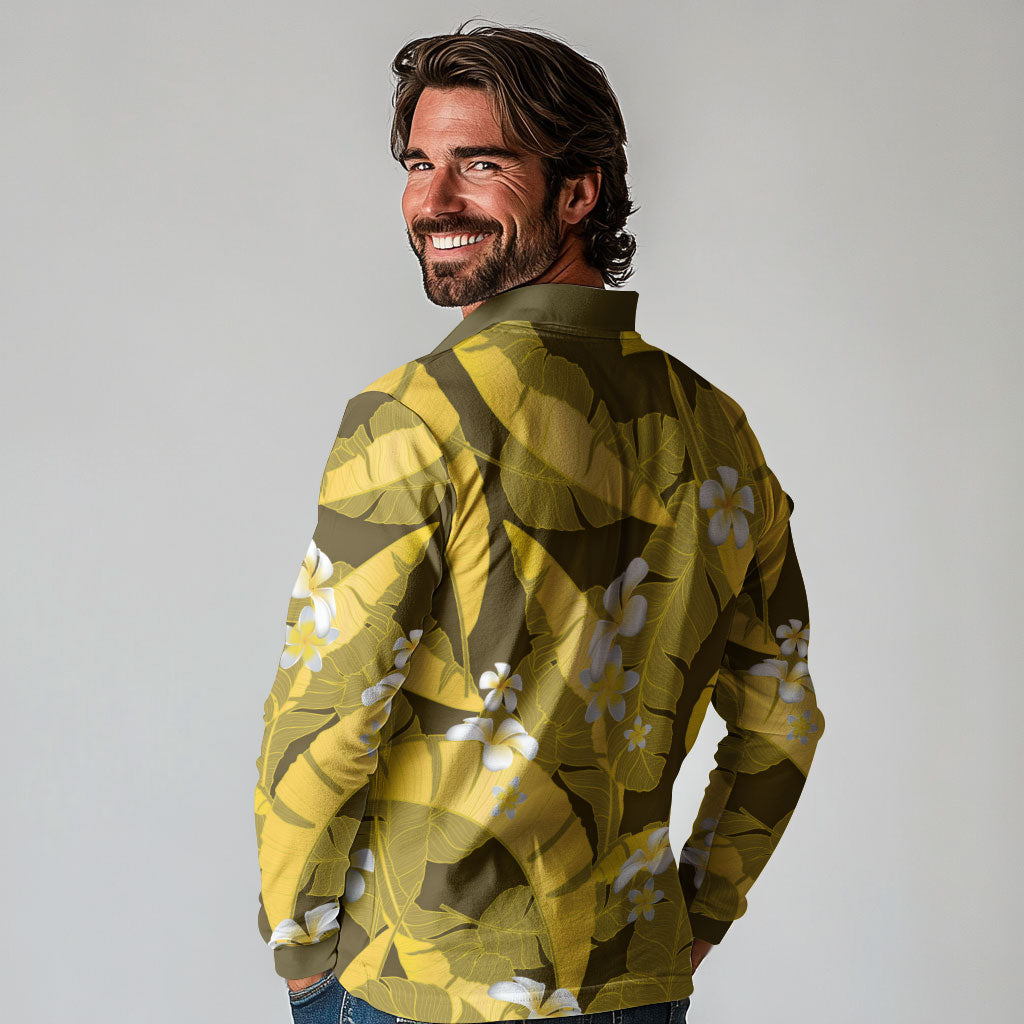 Yellow Banana Leaf Hawaii Long Sleeve Polo Shirt Lau Maia Plumeria Tropical Summer Vibes