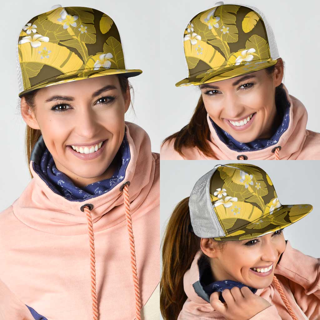 Yellow Banana Leaf Hawaii Mesh Trucker Cap Lau Maia Plumeria Tropical Summer Vibes