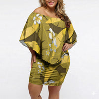 Yellow Banana Leaf Hawaii Off Shoulder Short Dress Lau Maia Plumeria Tropical Summer Vibes