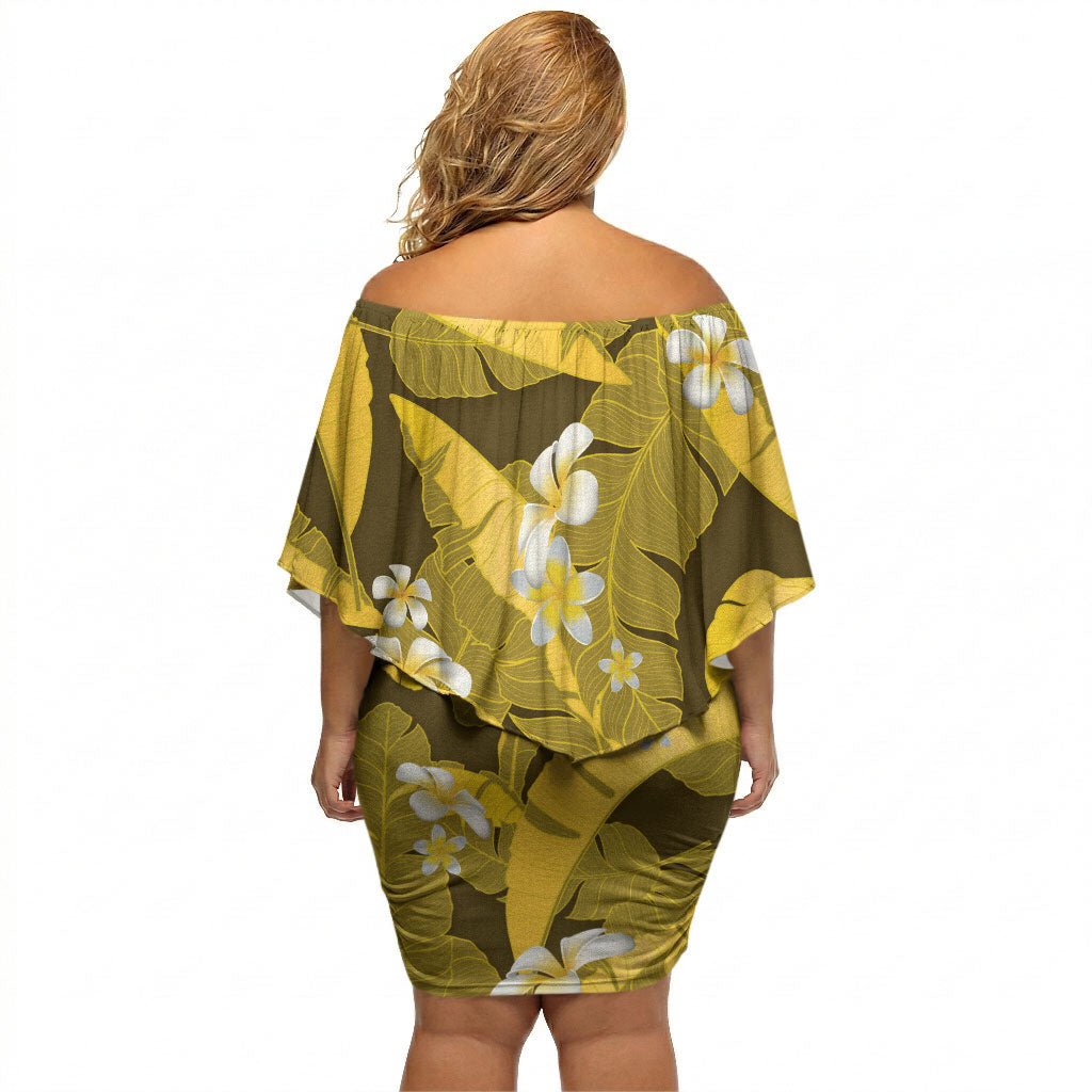 Yellow Banana Leaf Hawaii Off Shoulder Short Dress Lau Maia Plumeria Tropical Summer Vibes