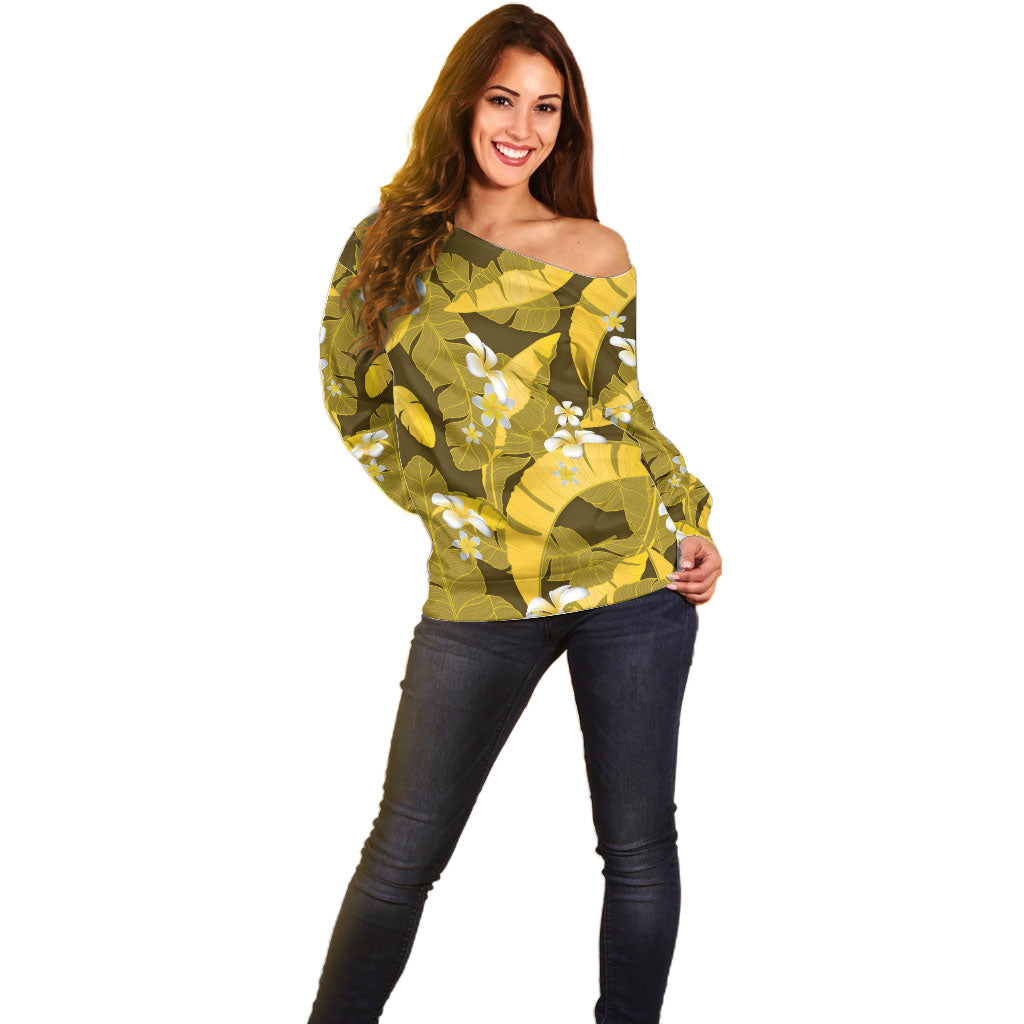 Yellow Banana Leaf Hawaii Off Shoulder Sweater Lau Maia Plumeria Tropical Summer Vibes
