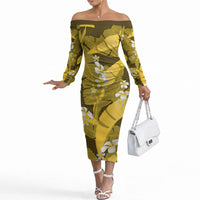 Yellow Banana Leaf Hawaii Off The Shoulder Long Sleeve Dress Lau Maia Plumeria Tropical Summer Vibes