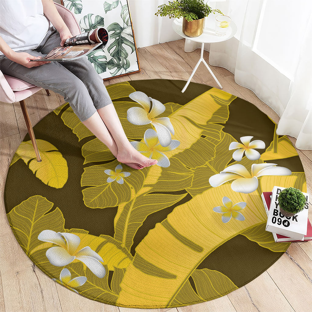 Yellow Banana Leaf Hawaii Round Carpet Lau Maia Plumeria Tropical Summer Vibes