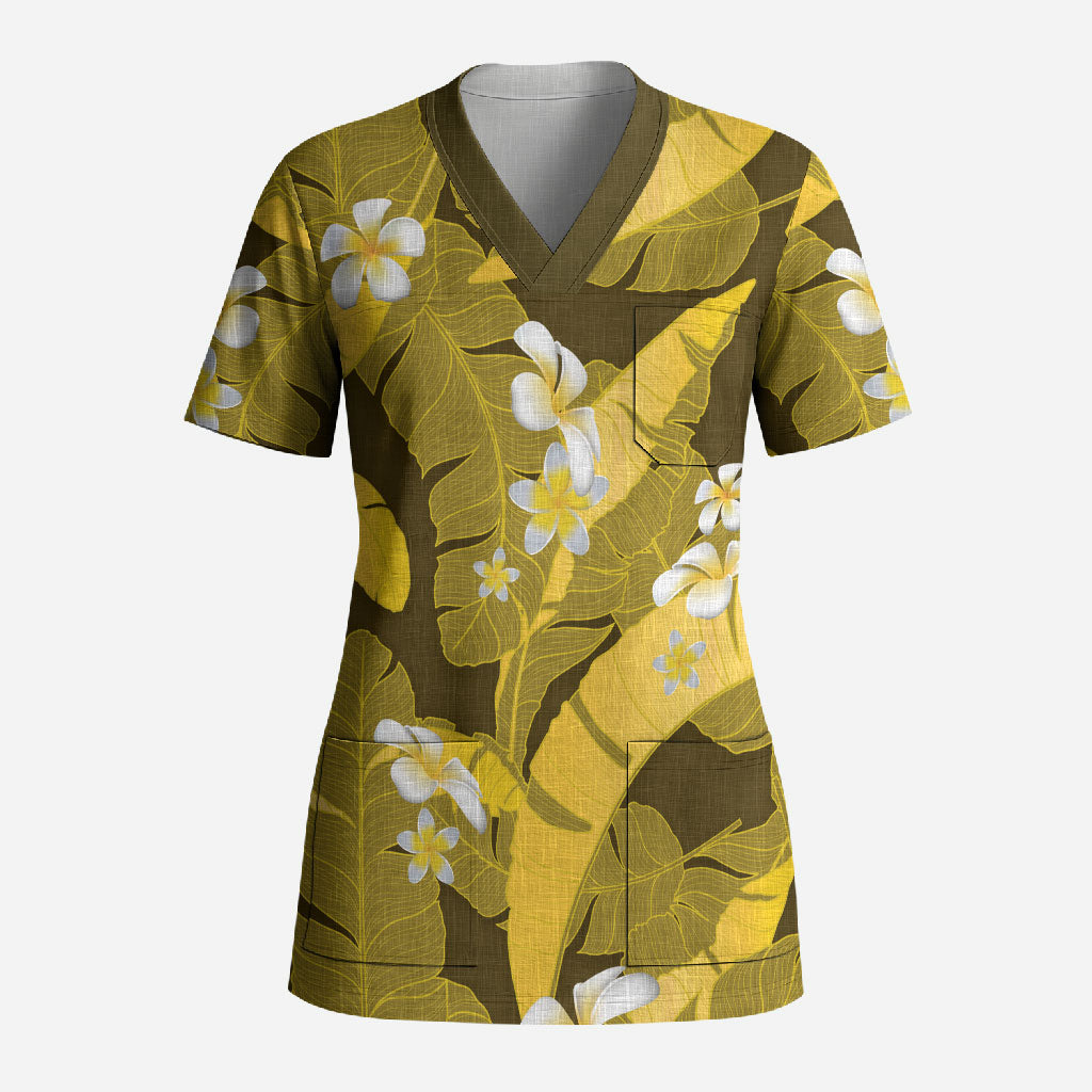 Yellow Banana Leaf Hawaii Scrub Top Lau Maia Plumeria Tropical Summer Vibes LT14 Adult Yellow - Polynesian Pride