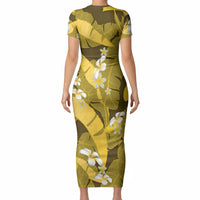 Yellow Banana Leaf Hawaii Short Sleeve Bodycon Dress Lau Maia Plumeria Tropical Summer Vibes