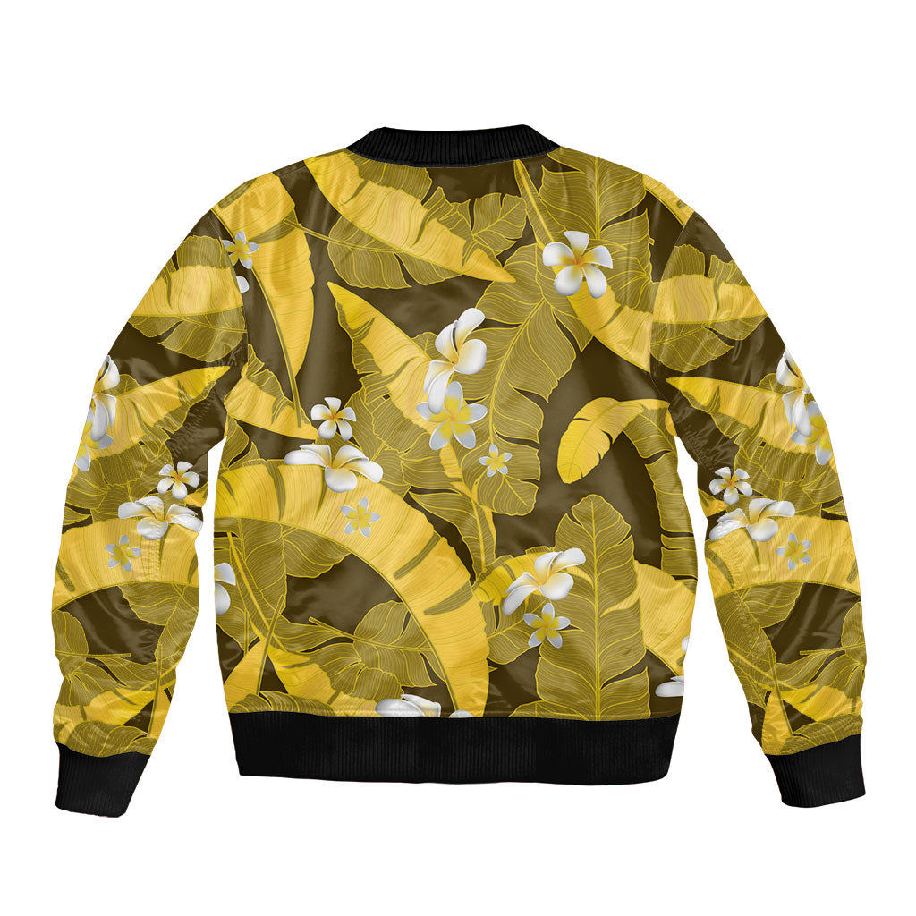 Yellow Banana Leaf Hawaii Sleeve Zip Bomber Jacket Lau Maia Plumeria Tropical Summer Vibes