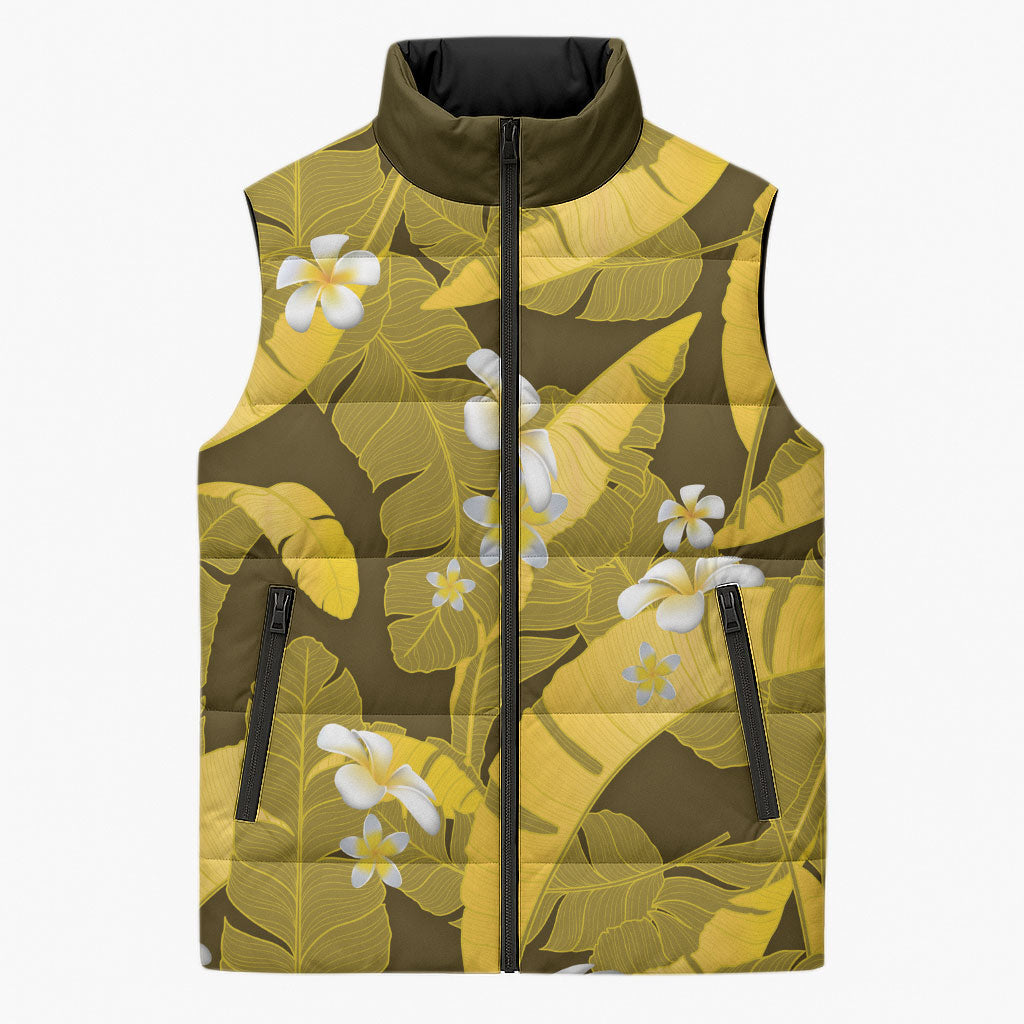 Yellow Banana Leaf Hawaii Sleeveless Puffer Jacket Lau Maia Plumeria Tropical Summer Vibes