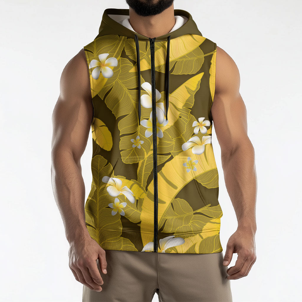 Yellow Banana Leaf Hawaii Sleeveless Zip Hoodie Lau Maia Plumeria Tropical Summer Vibes