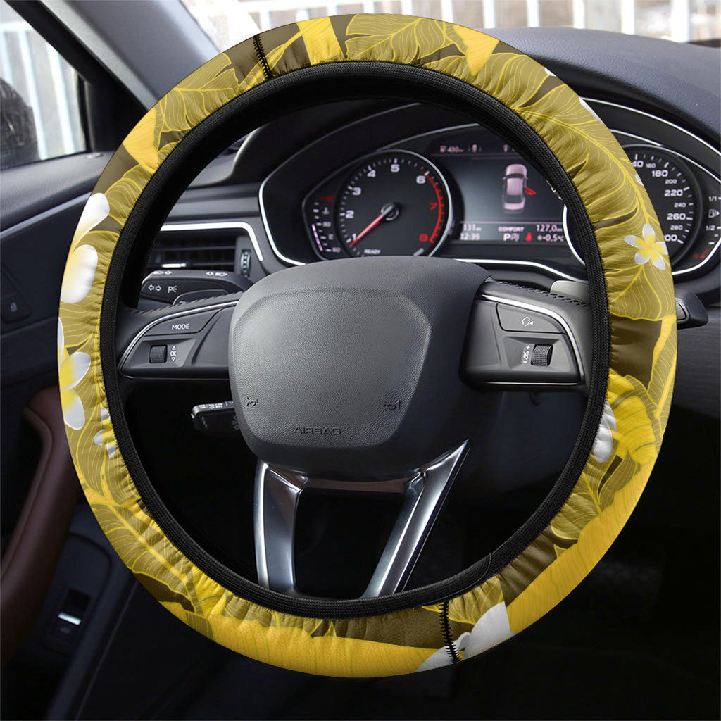 Yellow Banana Leaf Hawaii Steering Wheel Cover Lau Maia Plumeria Tropical Summer Vibes