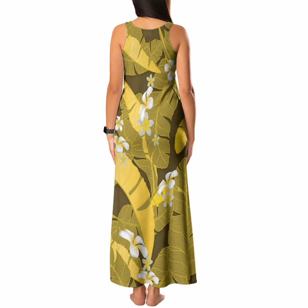 Yellow Banana Leaf Hawaii Tank Maxi Dress Lau Maia Plumeria Tropical Summer Vibes