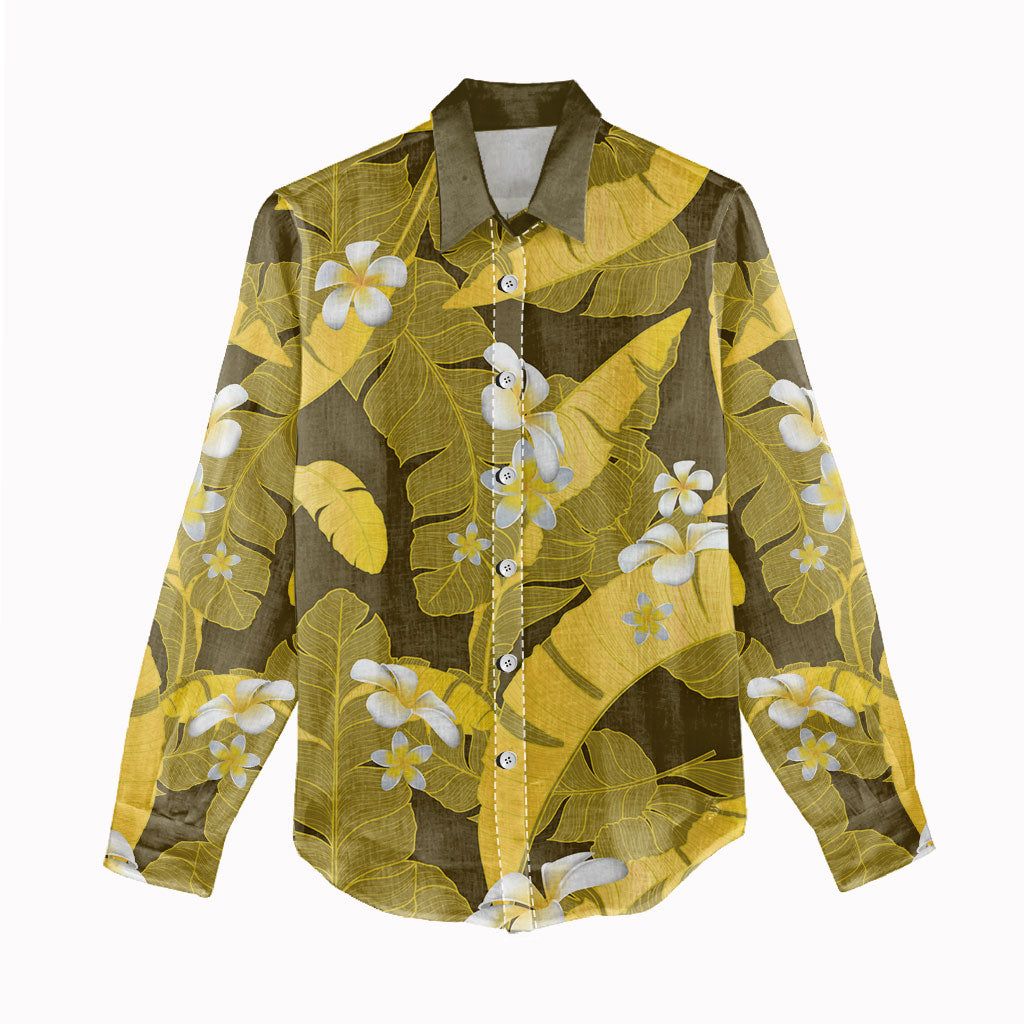 Yellow Banana Leaf Hawaii Women Casual Shirt Lau Maia Plumeria Tropical Summer Vibes