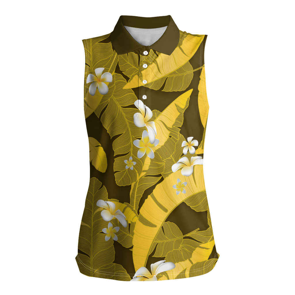 Yellow Banana Leaf Hawaii Women Sleeveless Polo Shirt Lau Maia Plumeria Tropical Summer Vibes