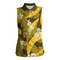 Yellow Banana Leaf Hawaii Women Sleeveless Polo Shirt Lau Maia Plumeria Tropical Summer Vibes