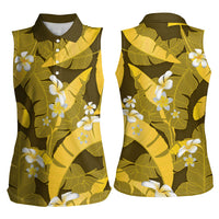 Yellow Banana Leaf Hawaii Women Sleeveless Polo Shirt Lau Maia Plumeria Tropical Summer Vibes