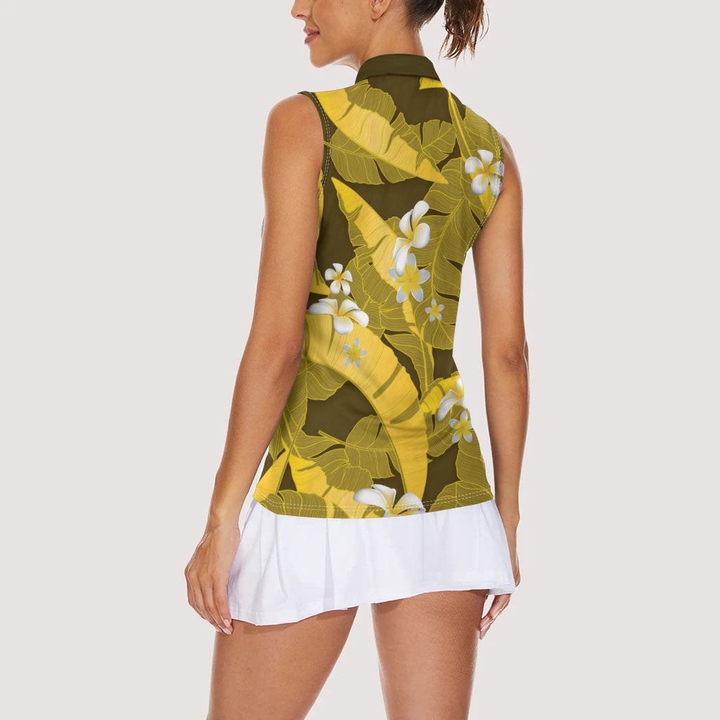 Yellow Banana Leaf Hawaii Women Sleeveless Polo Shirt Lau Maia Plumeria Tropical Summer Vibes