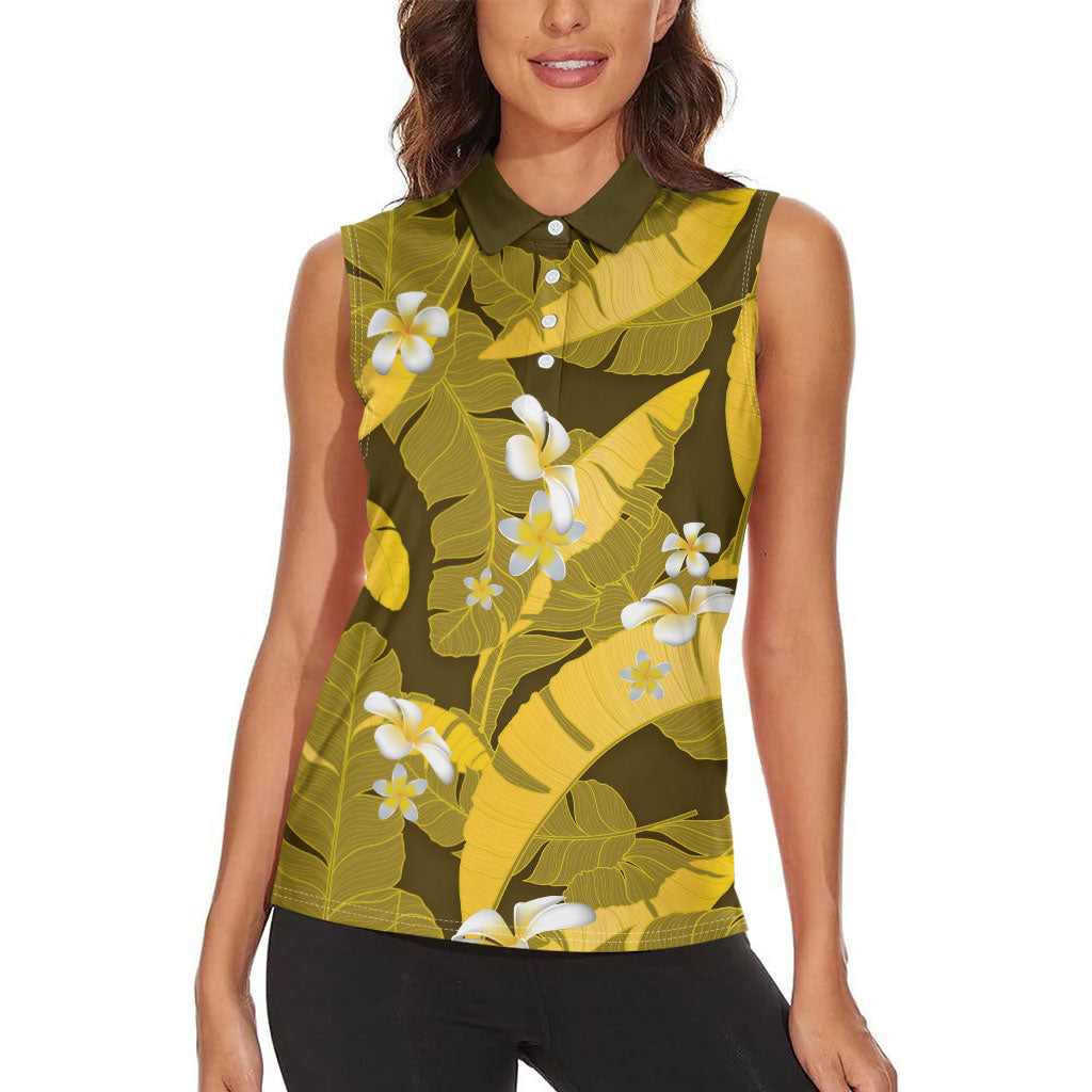 Yellow Banana Leaf Hawaii Women Sleeveless Polo Shirt Lau Maia Plumeria Tropical Summer Vibes