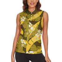 Yellow Banana Leaf Hawaii Women Sleeveless Polo Shirt Lau Maia Plumeria Tropical Summer Vibes