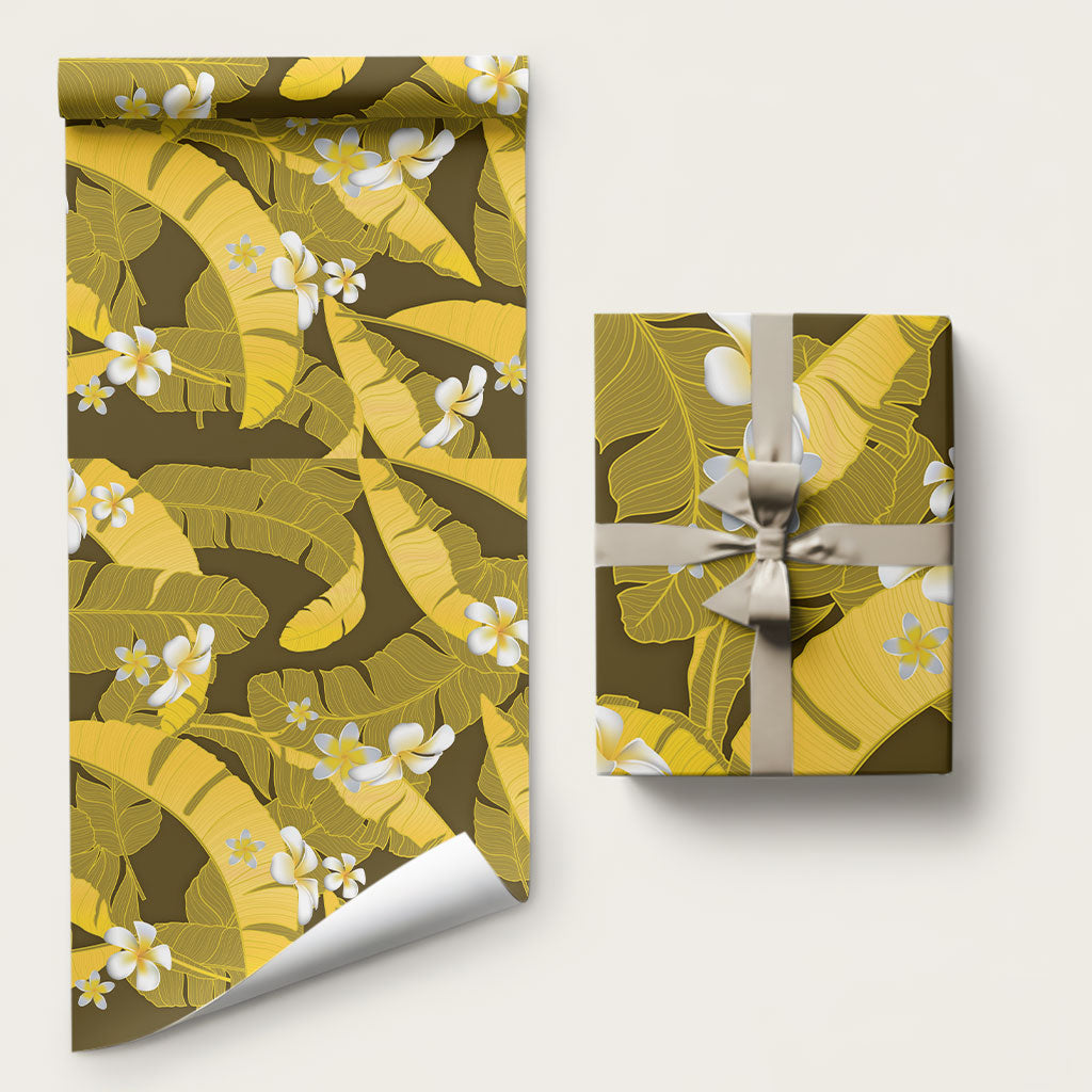 Yellow Banana Leaf Hawaii Wrapping Paper Lau Maia Plumeria Tropical Summer Vibes